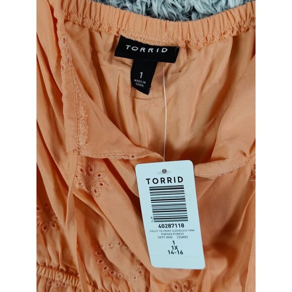TORRID Eyelet Tie Front Tank Women SZ 1X Papaya Punch Coral V-Neck Scallop Beach - Picture 7 of 9